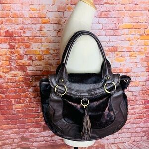 Kate Landry large Brown Leather and Calf Hair Boho Western Shoulder Bag